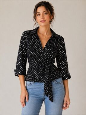 M Siamo Polka Dot Wrap Tie Collared Button Up Blouse Classic Retro Sz 6 Elegant
